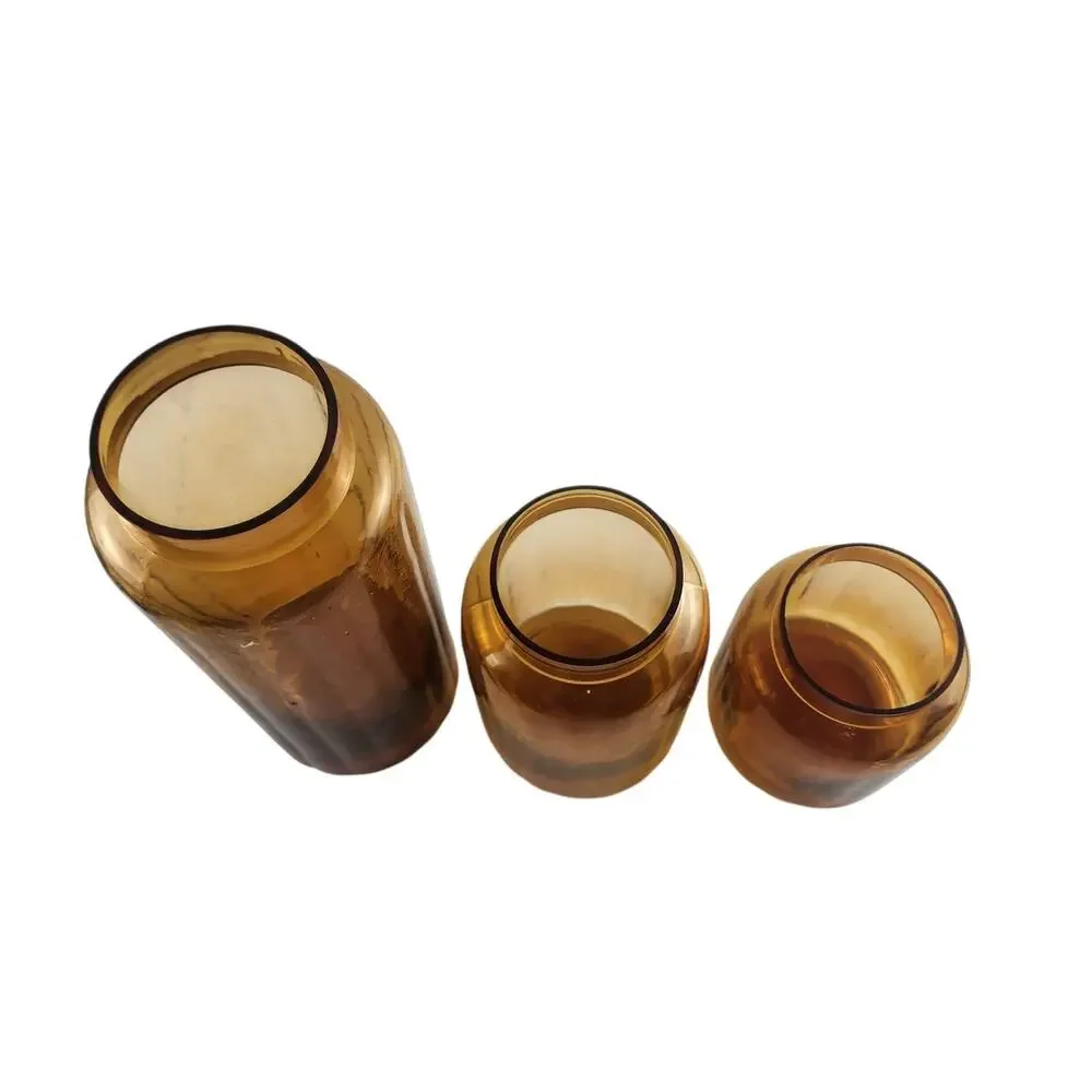 VTG Amber Glass Apothecary Ribbed Caister / Jars Set~3 Metal Gold-Tone Final Lid